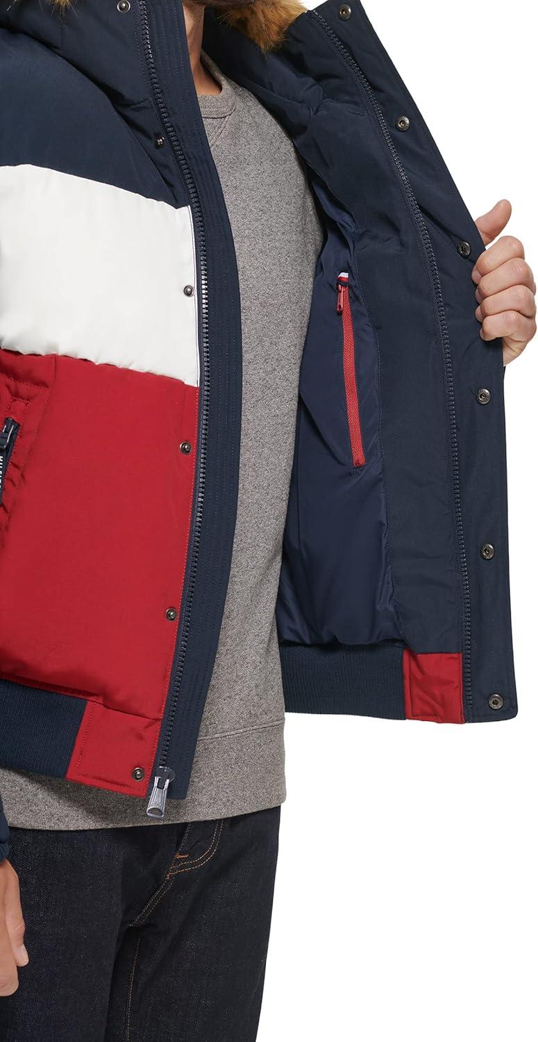 imageTommy Hilfiger Mens Arctic Cloth Quilted Snorkel Bomber Jacket Standard and Big amp TallMidnightIceRed