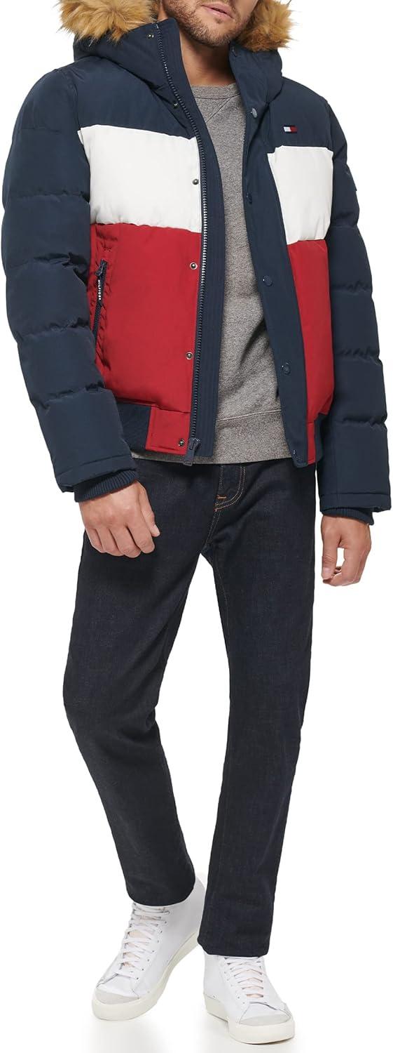 imageTommy Hilfiger Mens Arctic Cloth Quilted Snorkel Bomber Jacket Standard and Big amp TallMidnightIceRed