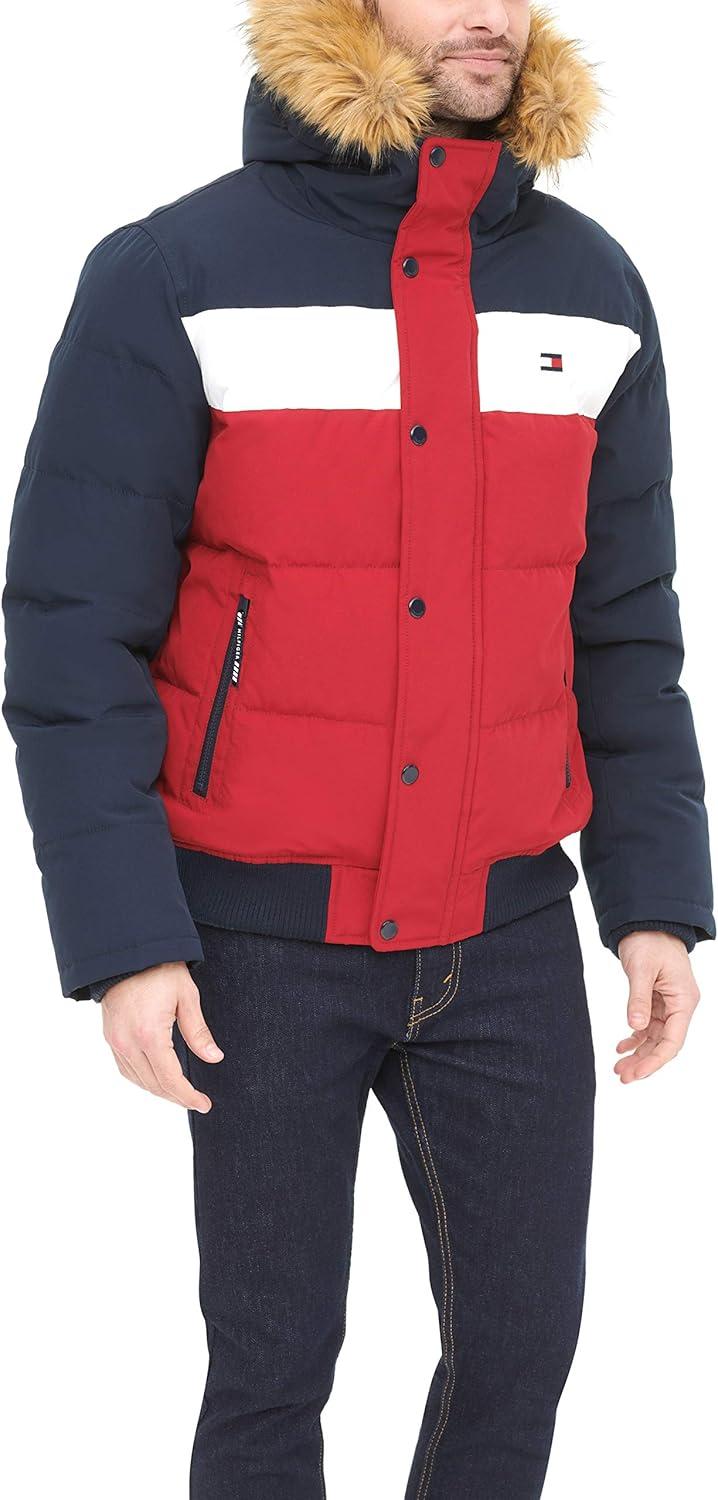 imageTommy Hilfiger Mens Arctic Cloth Quilted Snorkel Bomber Jacket Standard and Big amp TallNavyWhiteRed