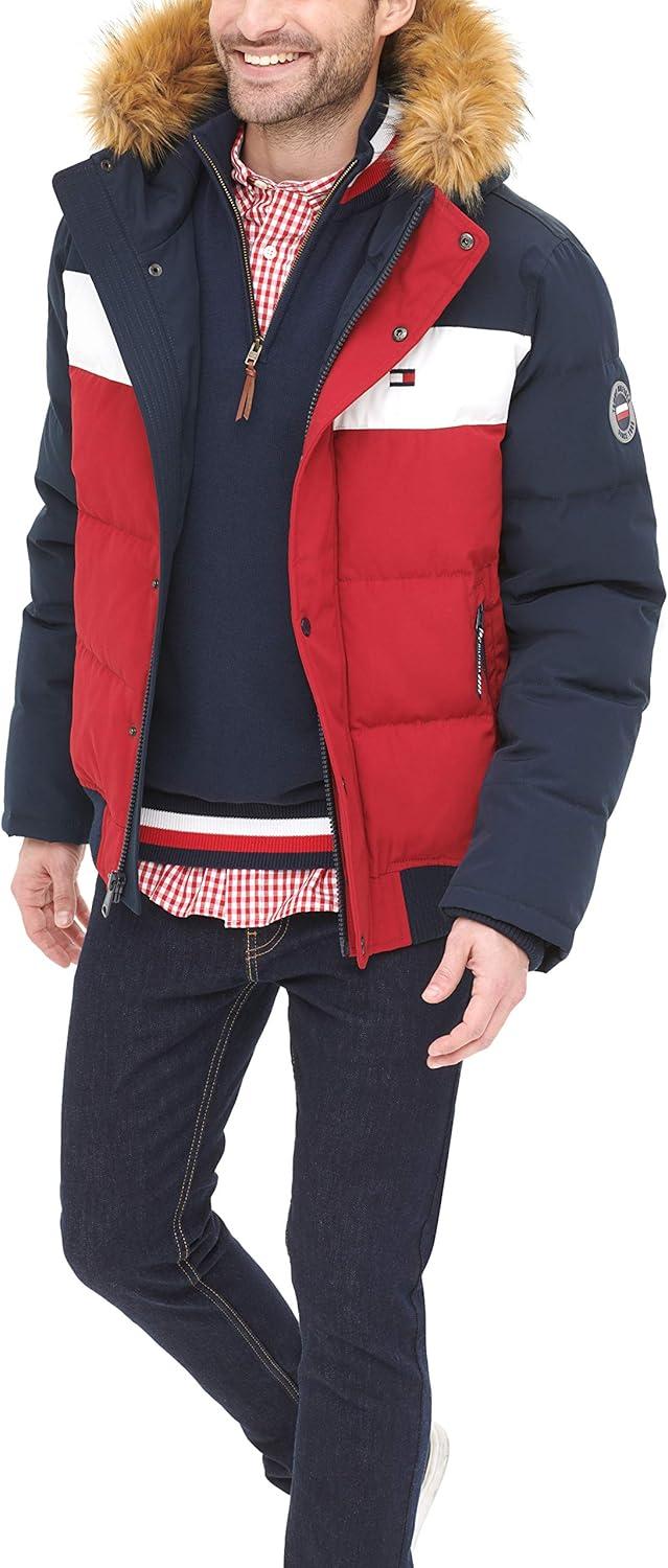 imageTommy Hilfiger Mens Arctic Cloth Quilted Snorkel Bomber Jacket Standard and Big amp TallNavyWhiteRed