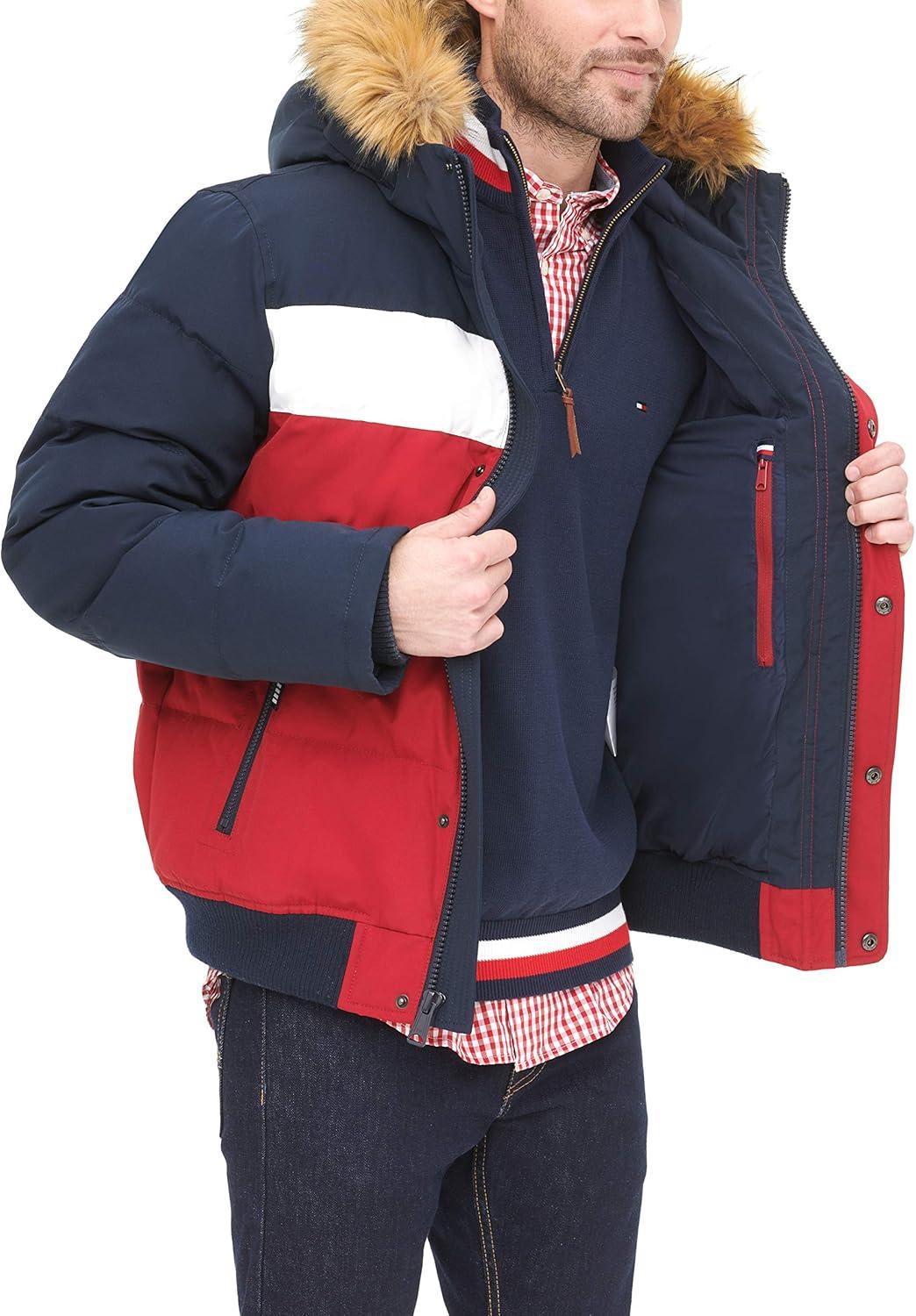 imageTommy Hilfiger Mens Arctic Cloth Quilted Snorkel Bomber Jacket Standard and Big amp TallNavyWhiteRed