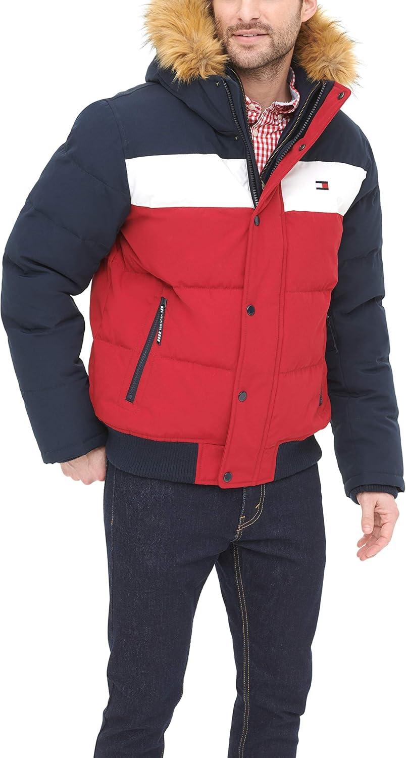 imageTommy Hilfiger Mens Arctic Cloth Quilted Snorkel Bomber Jacket Standard and Big amp TallNavyWhiteRed