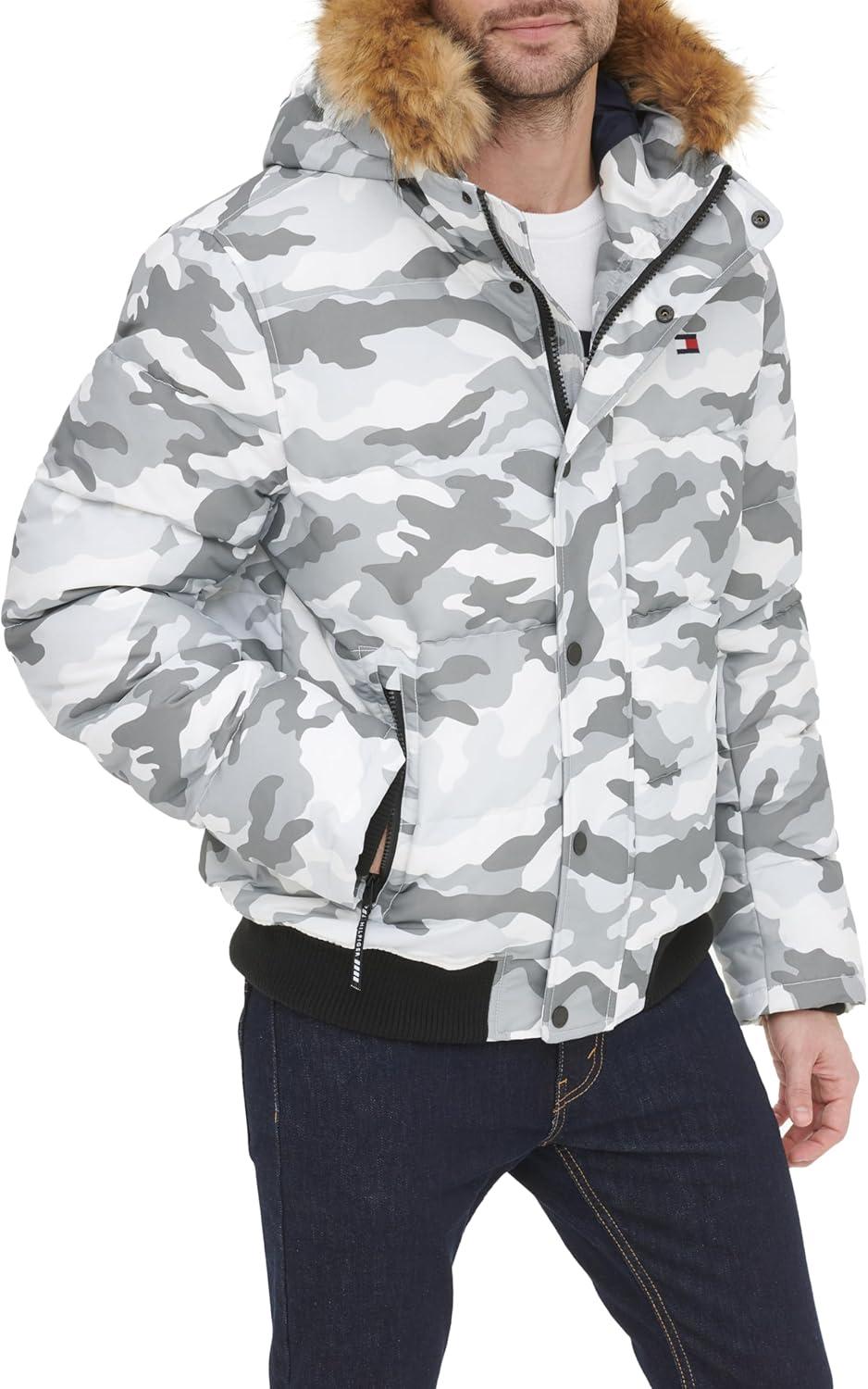 imageTommy Hilfiger Mens Arctic Cloth Quilted Snorkel Bomber Jacket Standard and Big amp TallWhite Camouflage