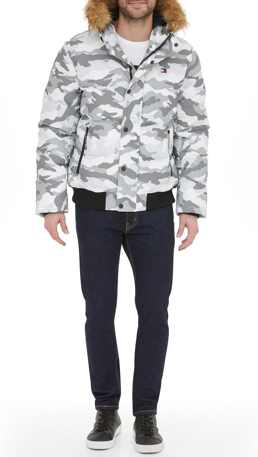 imageTommy Hilfiger Mens Arctic Cloth Quilted Snorkel Bomber Jacket Standard and Big amp TallWhite Camouflage