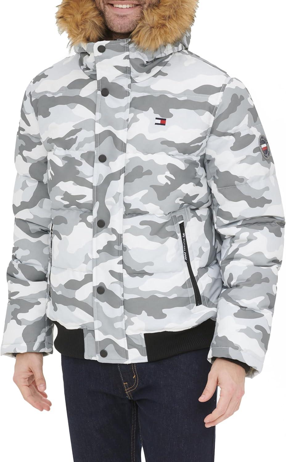 imageTommy Hilfiger Mens Arctic Cloth Quilted Snorkel Bomber Jacket Standard and Big amp TallWhite Camouflage