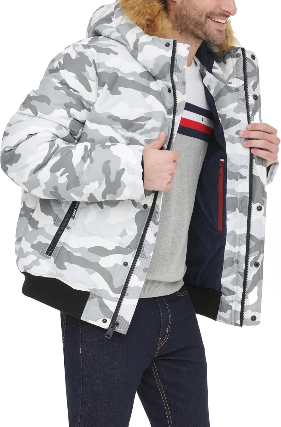 imageTommy Hilfiger Mens Arctic Cloth Quilted Snorkel Bomber Jacket Standard and Big amp TallWhite Camouflage