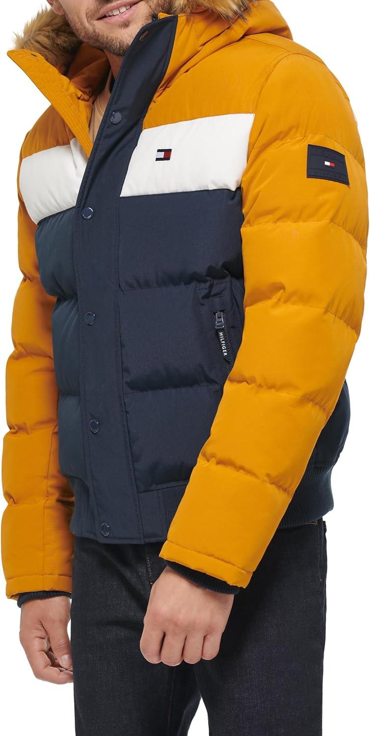 imageTommy Hilfiger Mens Arctic Cloth Quilted Snorkel Bomber Jacket Standard and Big amp TallYellowNavy