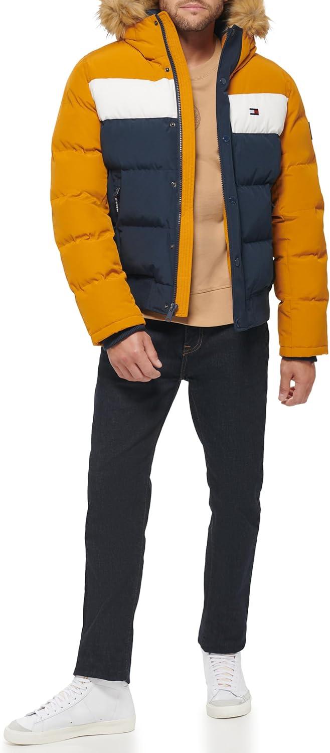 imageTommy Hilfiger Mens Arctic Cloth Quilted Snorkel Bomber Jacket Standard and Big amp TallYellowNavy