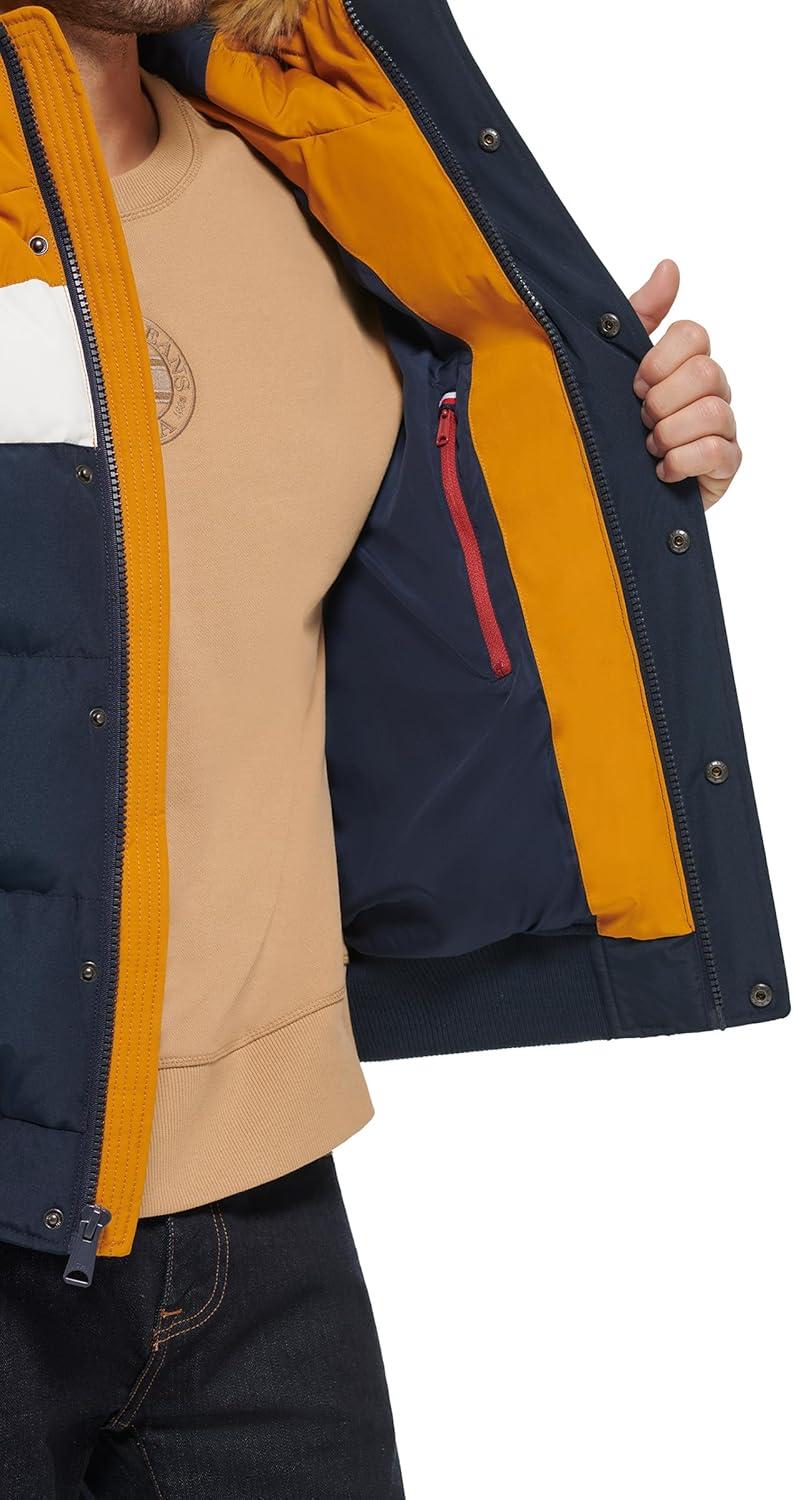 imageTommy Hilfiger Mens Arctic Cloth Quilted Snorkel Bomber Jacket Standard and Big amp TallYellowNavy