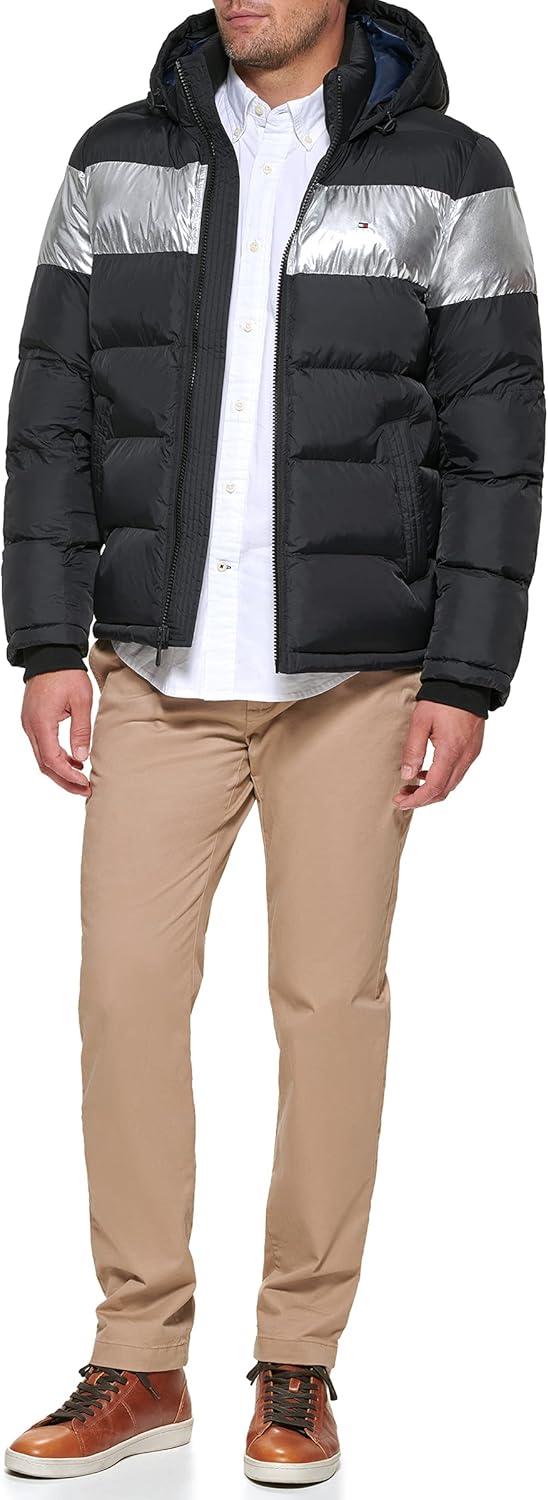 imageTommy Hilfiger Mens Down Alternative Hooded Puffer Jacket Standard and Big amp TallBlack Silver Stripe