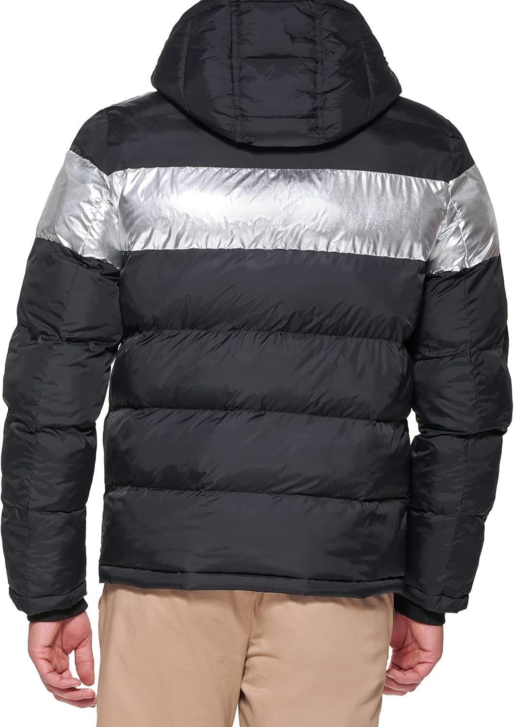 imageTommy Hilfiger Mens Down Alternative Hooded Puffer Jacket Standard and Big amp TallBlack Silver Stripe