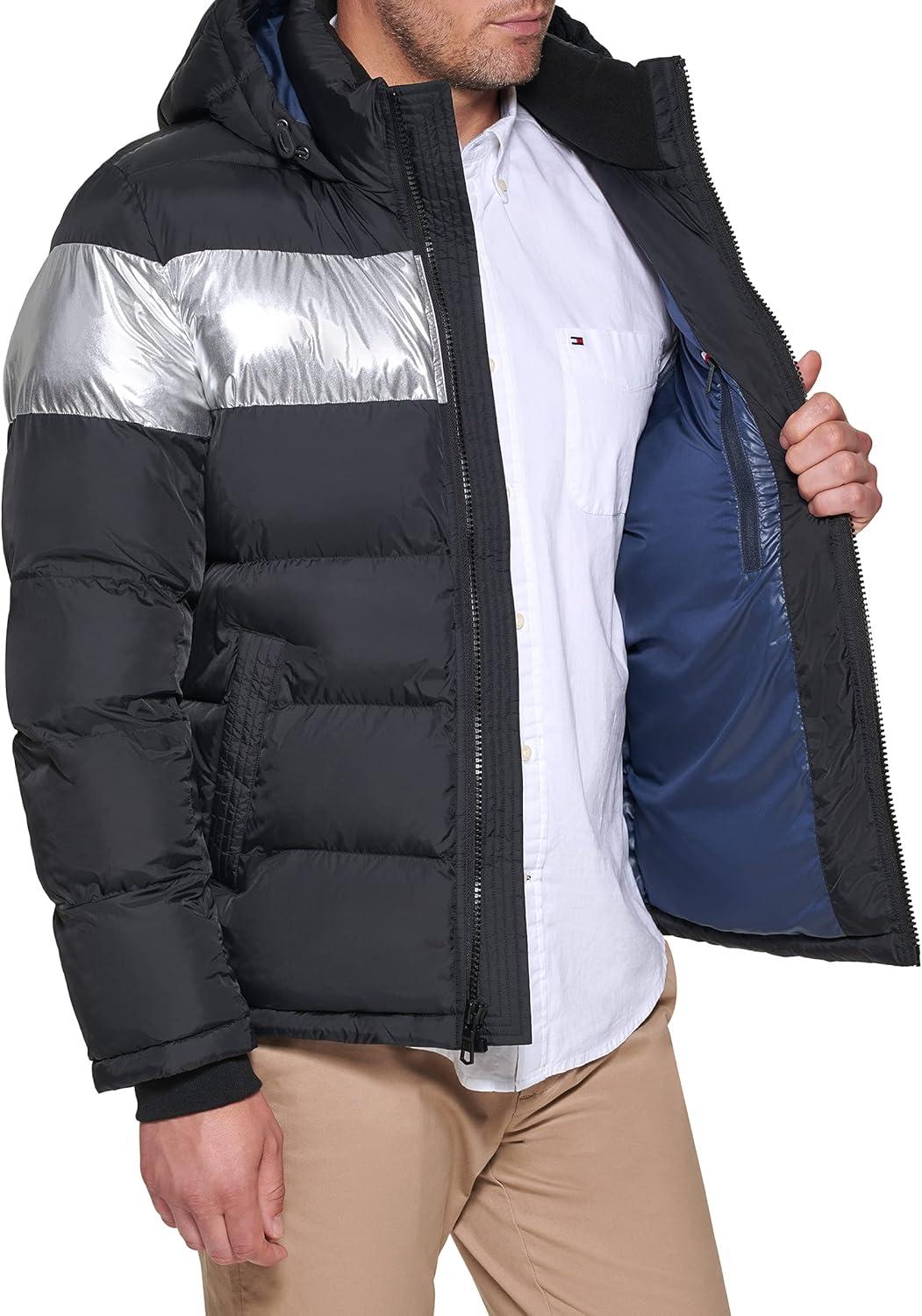 imageTommy Hilfiger Mens Down Alternative Hooded Puffer Jacket Standard and Big amp TallBlack Silver Stripe