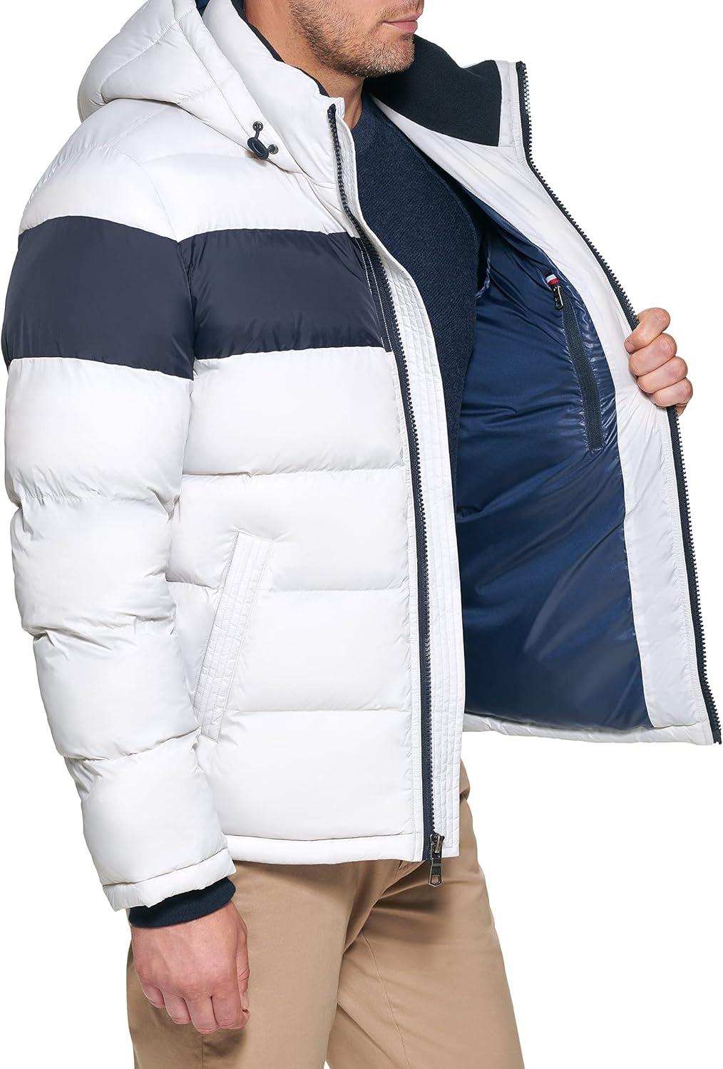 imageTommy Hilfiger Mens Down Alternative Hooded Puffer Jacket Standard and Big amp TallIce Midnight Stripe