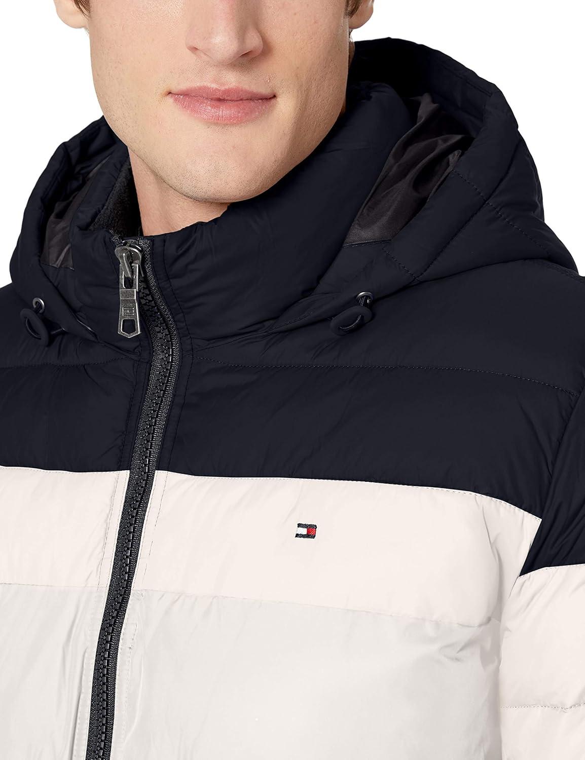 imageTommy Hilfiger Mens Down Alternative Hooded Puffer Jacket Standard and Big amp TallMidnightIceOrange Color Block