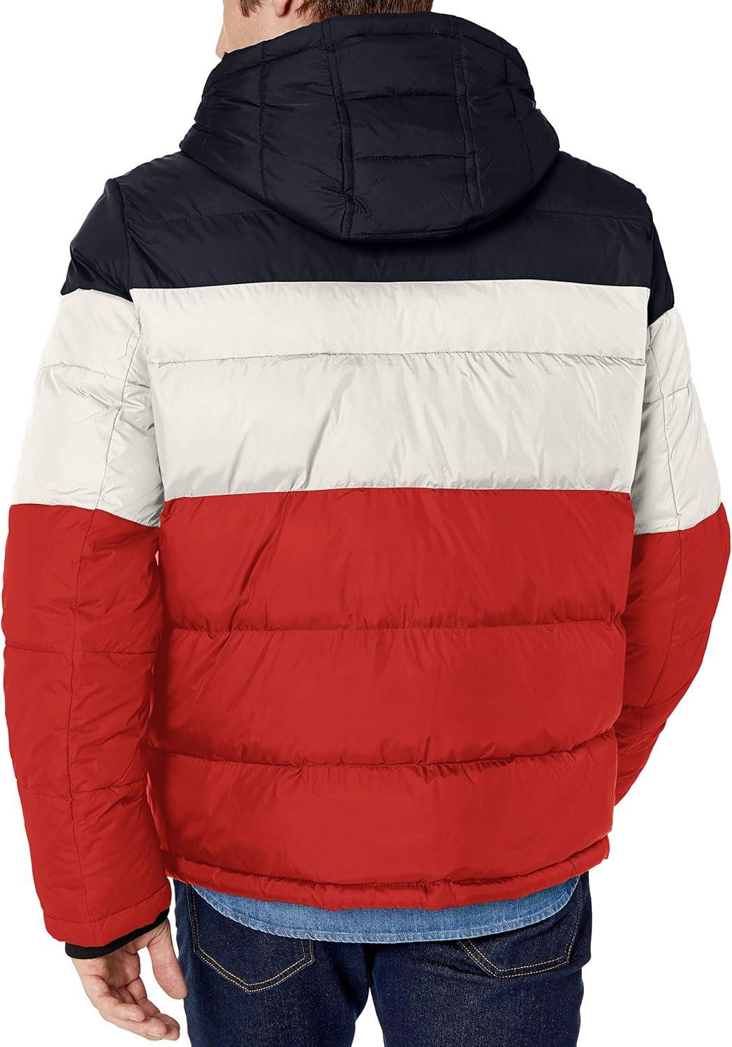 imageTommy Hilfiger Mens Down Alternative Hooded Puffer Jacket Standard and Big amp TallMidnightIceOrange Color Block
