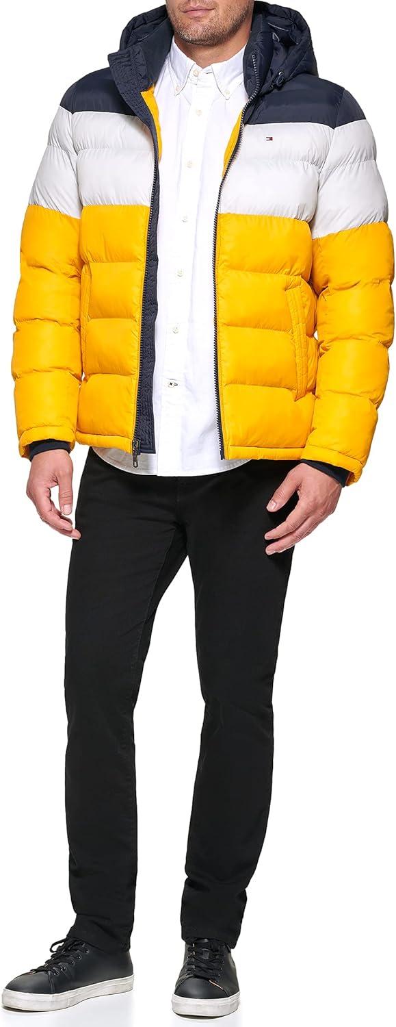 imageTommy Hilfiger Mens Down Alternative Hooded Puffer Jacket Standard and Big amp TallMidnightIceYellow