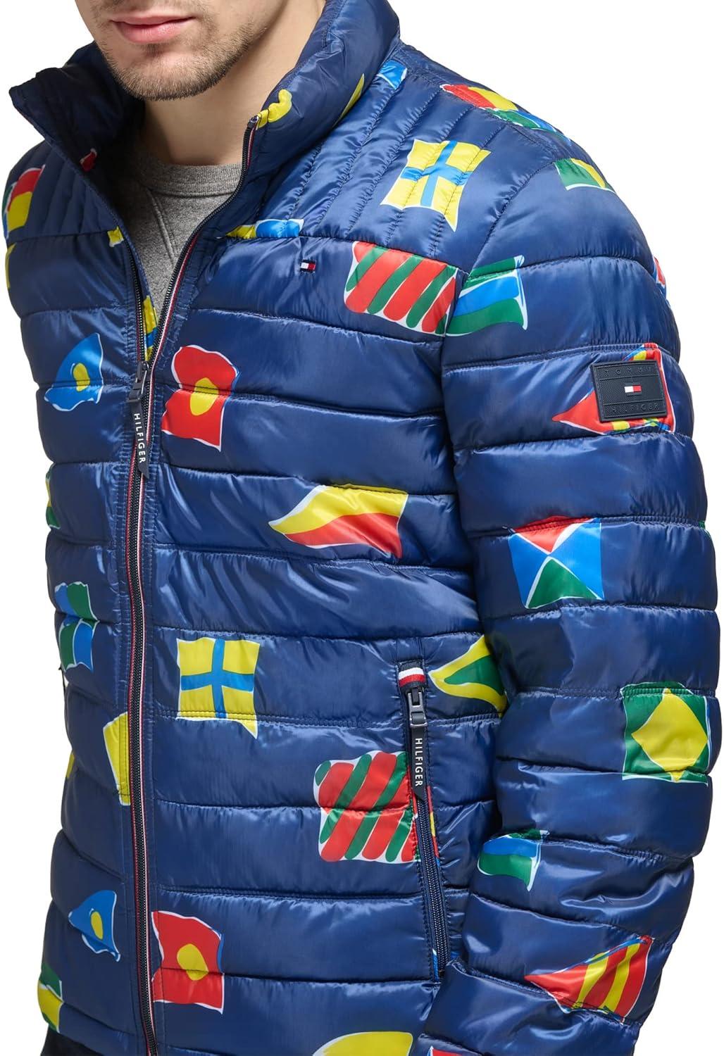imageTommy Hilfiger Mens Embroidered Logo Puffer JacketNavy Flag Print