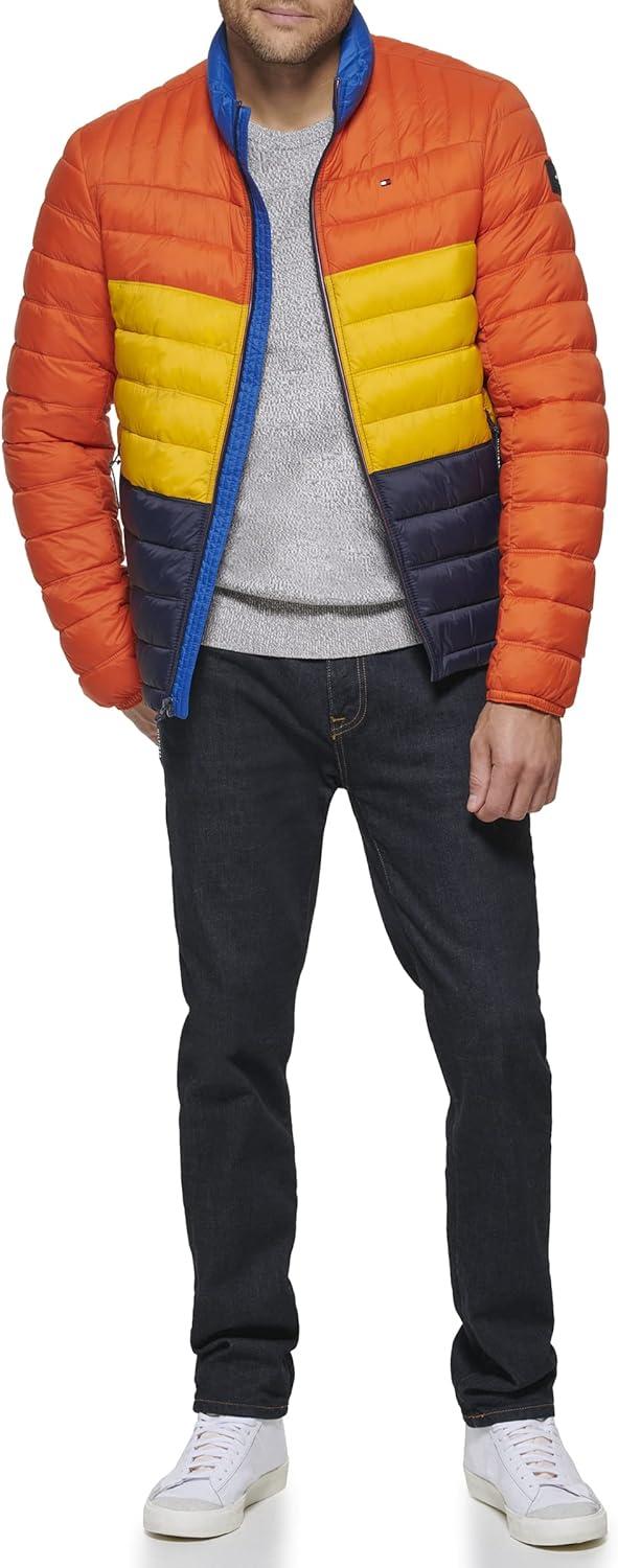 imageTommy Hilfiger Mens Embroidered Logo Puffer JacketOrangeYellowMidnight Colorblock