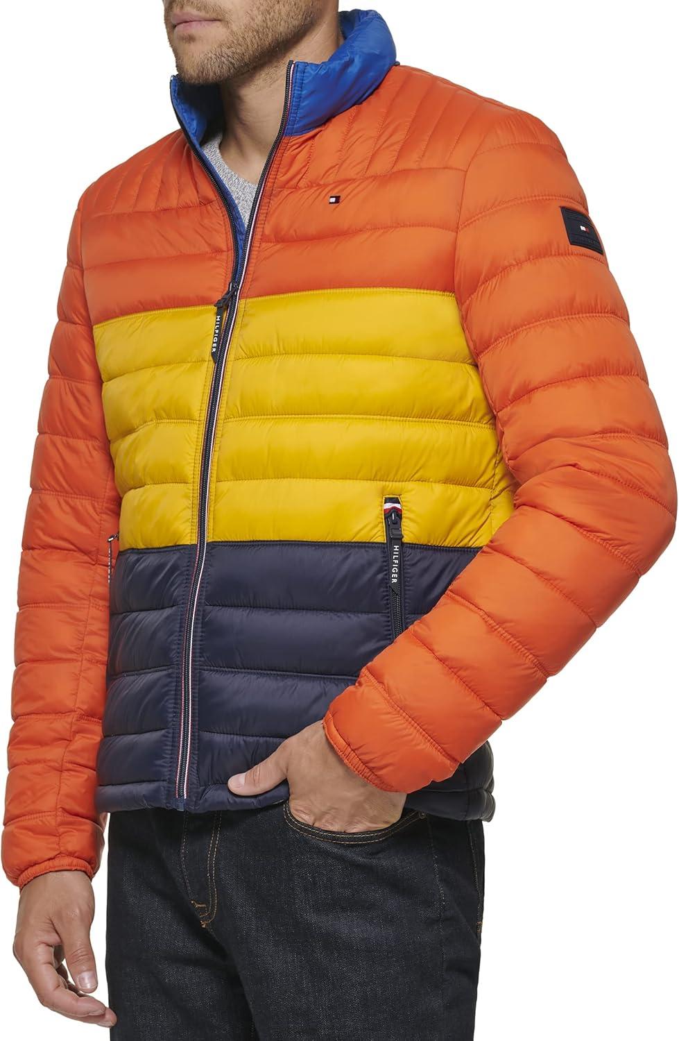 imageTommy Hilfiger Mens Embroidered Logo Puffer JacketOrangeYellowMidnight Colorblock