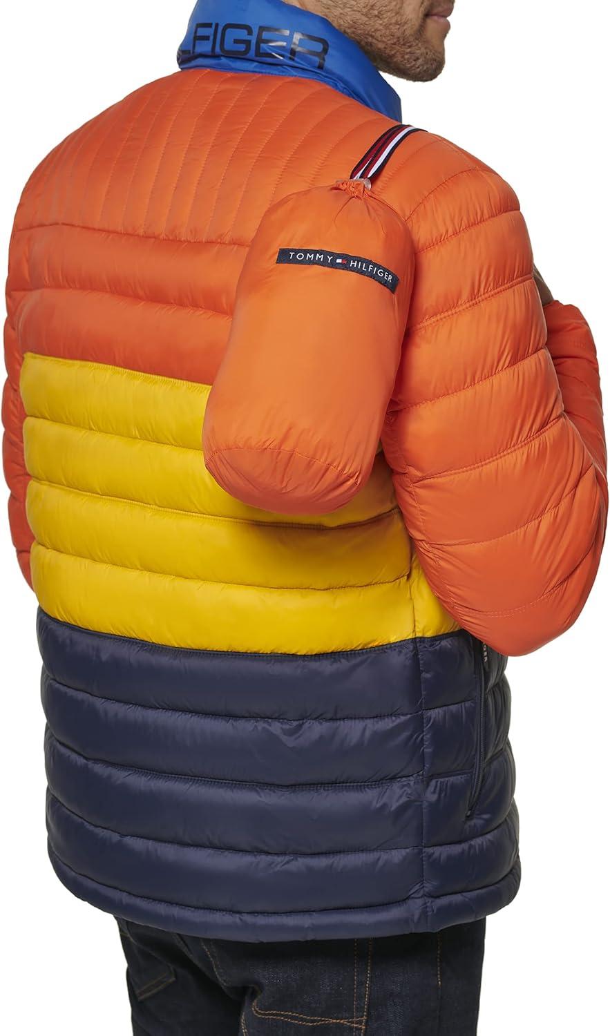 imageTommy Hilfiger Mens Embroidered Logo Puffer JacketOrangeYellowMidnight Colorblock