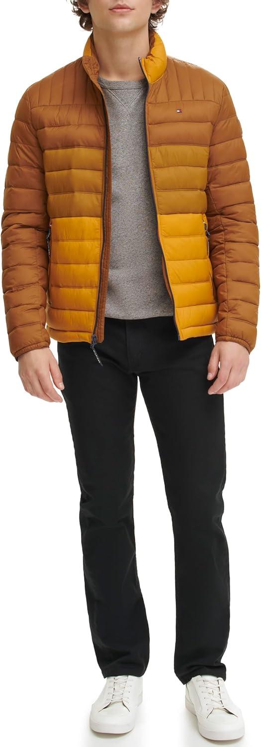 imageTommy Hilfiger Mens Embroidered Logo Puffer JacketTanBrown Colorblock