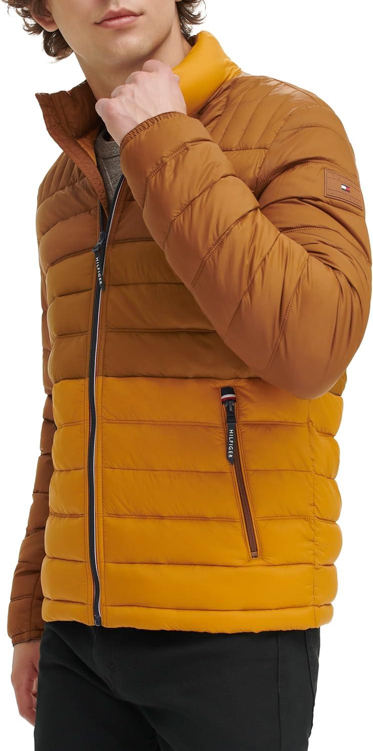 imageTommy Hilfiger Mens Embroidered Logo Puffer JacketTanBrown Colorblock