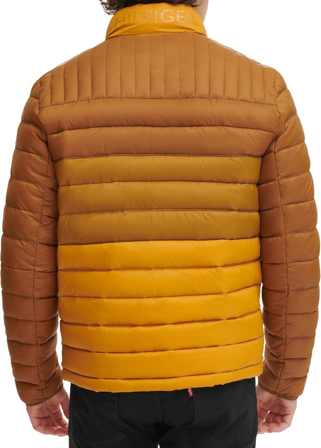 imageTommy Hilfiger Mens Embroidered Logo Puffer JacketTanBrown Colorblock