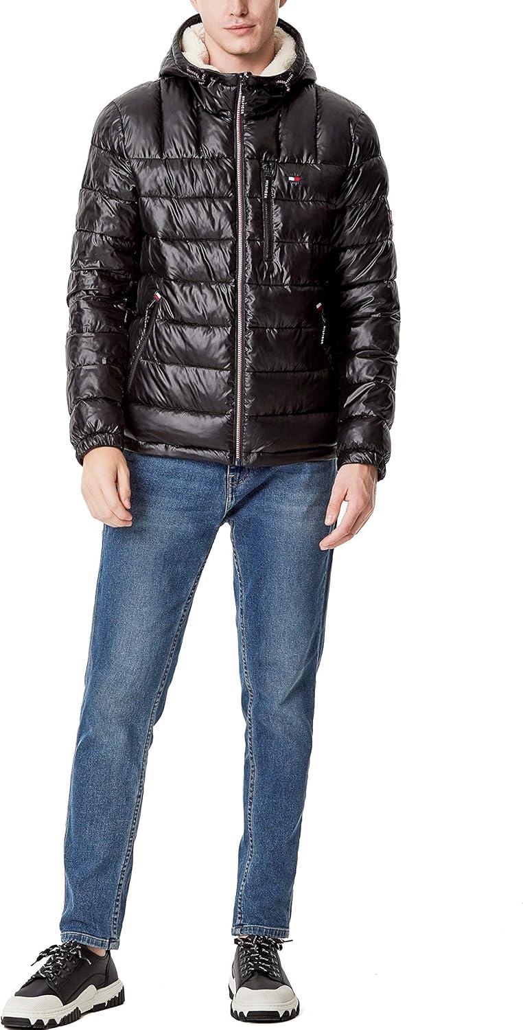 imageTommy Hilfiger Mens Midweight Sherpa Lined Hooded Water Resistant Puffer JacketBlack