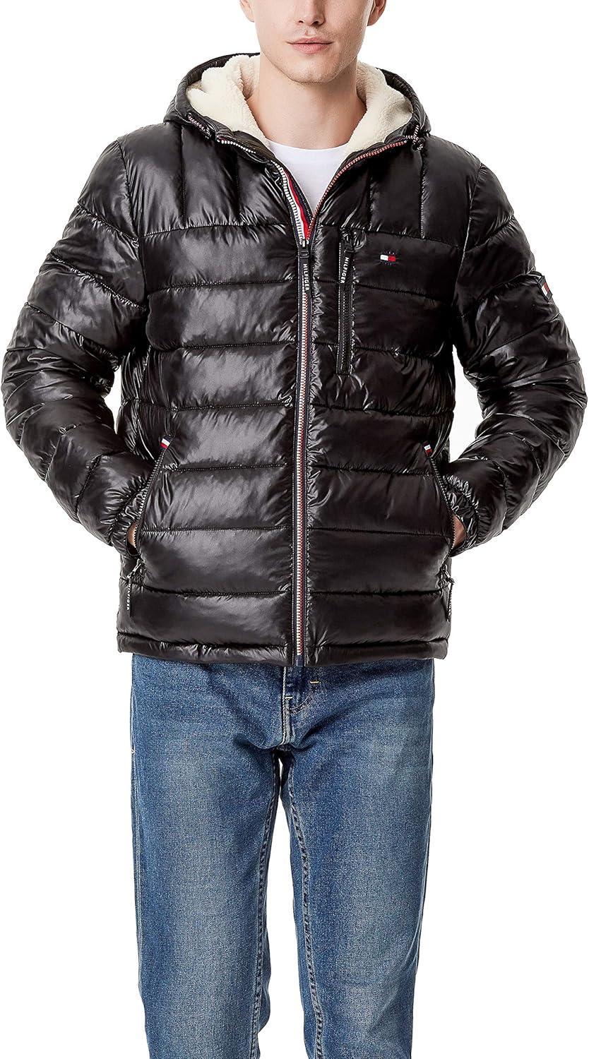 imageTommy Hilfiger Mens Midweight Sherpa Lined Hooded Water Resistant Puffer JacketBlack