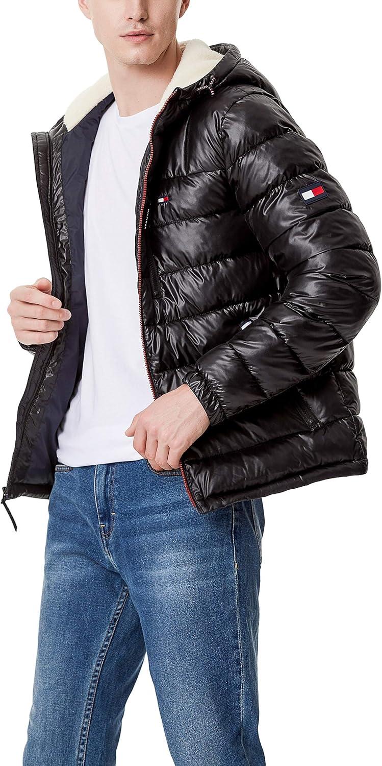 imageTommy Hilfiger Mens Midweight Sherpa Lined Hooded Water Resistant Puffer JacketBlack