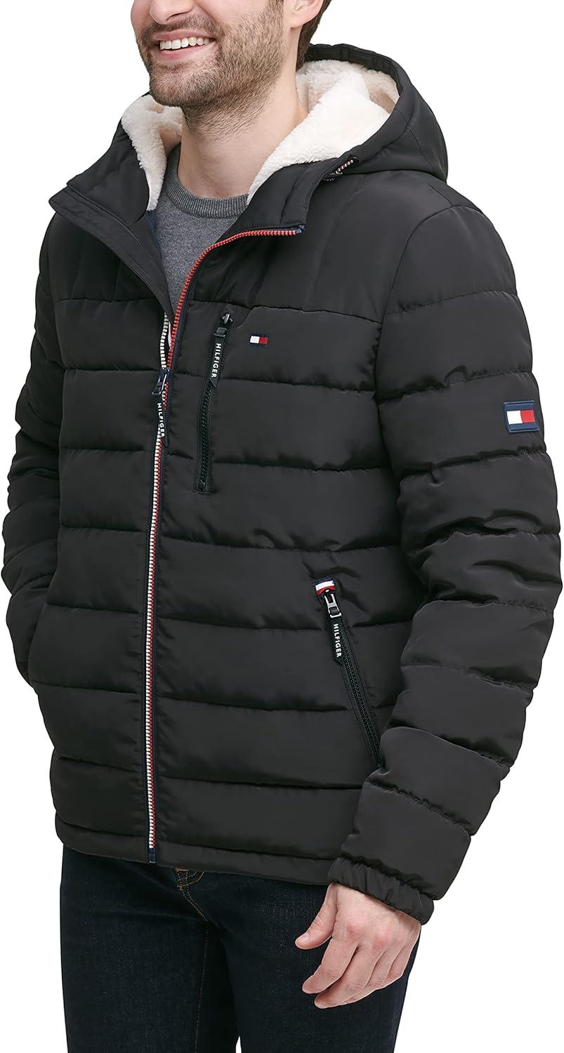 imageTommy Hilfiger Mens Midweight Sherpa Lined Hooded Water Resistant Puffer JacketBlack Tech