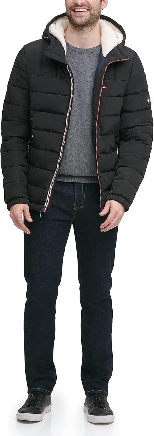 imageTommy Hilfiger Mens Midweight Sherpa Lined Hooded Water Resistant Puffer JacketBlack Tech