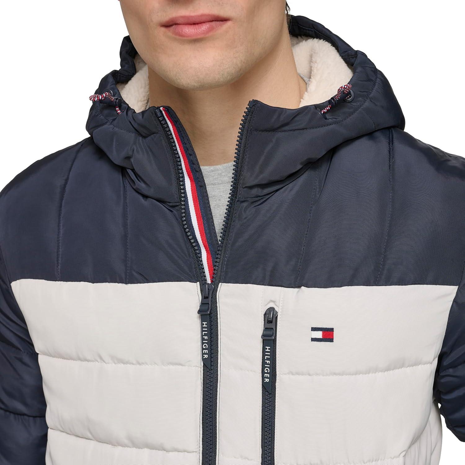 imageTommy Hilfiger Mens Midweight Sherpa Lined Hooded Water Resistant Puffer JacketBlue Combo Tech