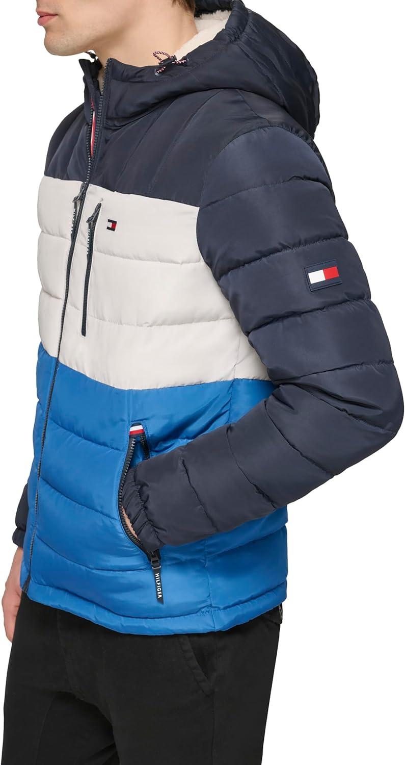 imageTommy Hilfiger Mens Midweight Sherpa Lined Hooded Water Resistant Puffer JacketBlue Combo Tech
