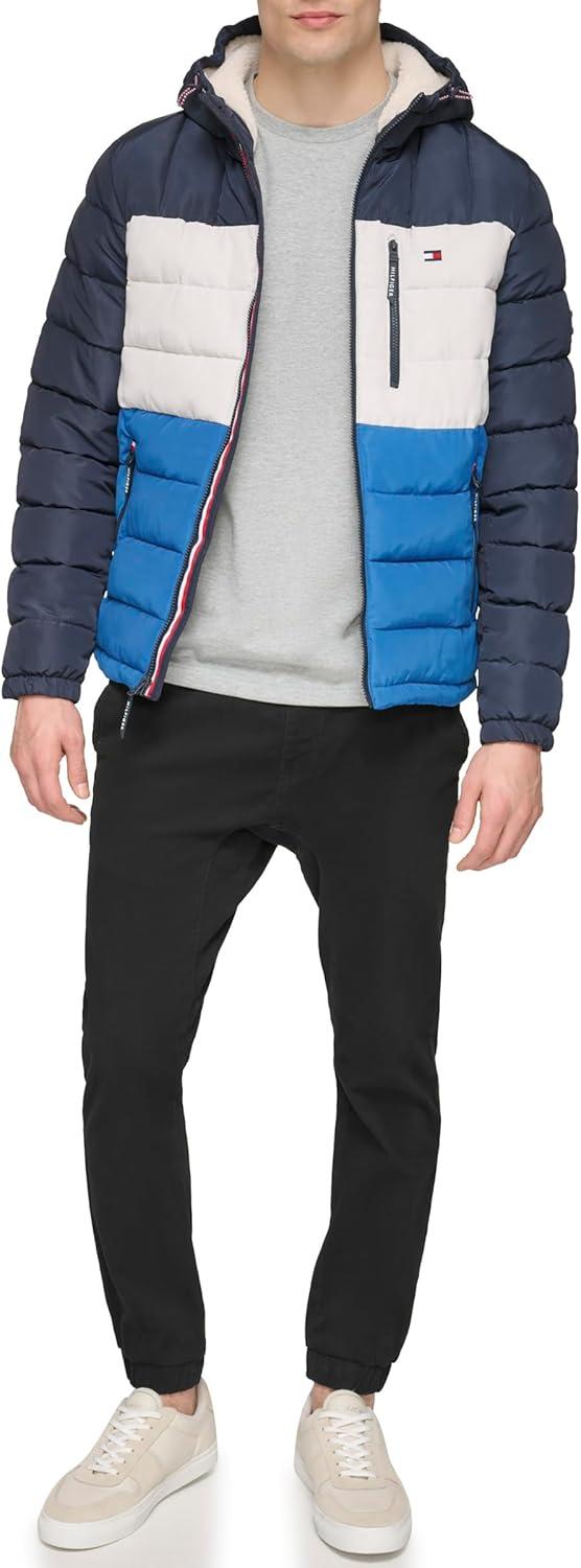 imageTommy Hilfiger Mens Midweight Sherpa Lined Hooded Water Resistant Puffer JacketBlue Combo Tech