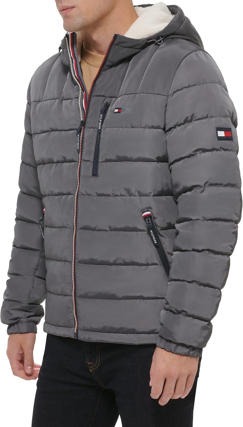 imageTommy Hilfiger Mens Midweight Sherpa Lined Hooded Water Resistant Puffer JacketCharcoal Tech