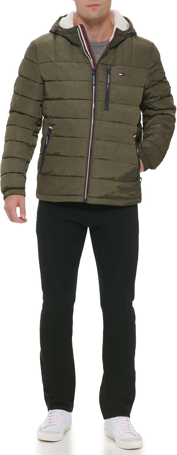 imageTommy Hilfiger Mens Midweight Sherpa Lined Hooded Water Resistant Puffer JacketOlive Tech