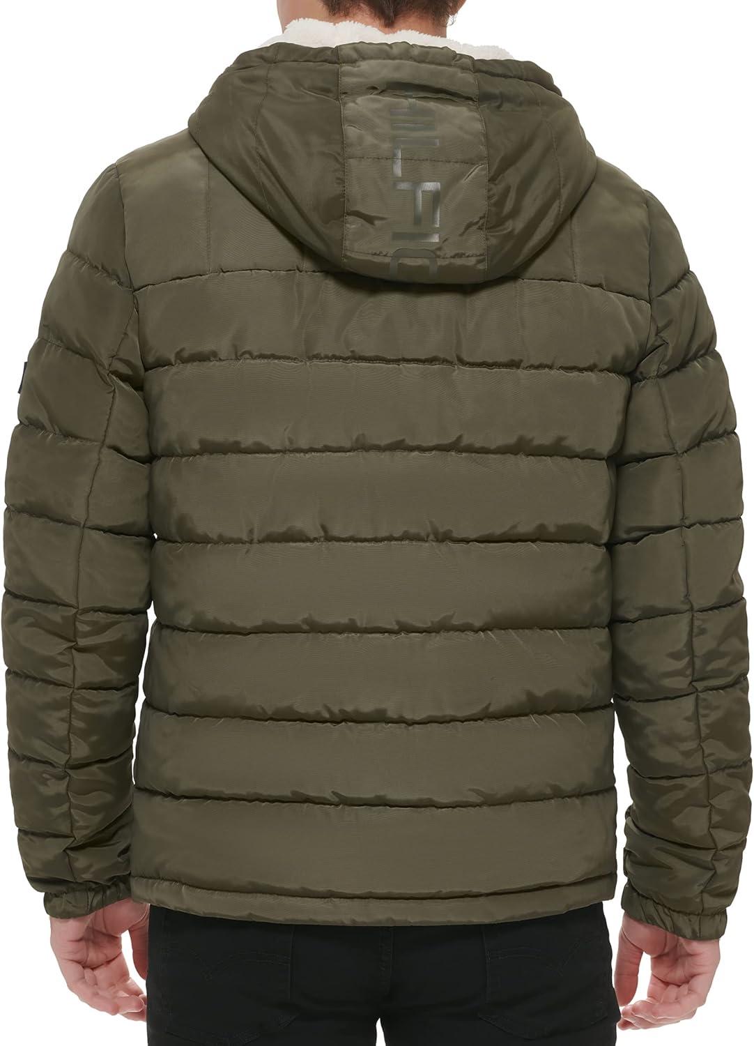 imageTommy Hilfiger Mens Midweight Sherpa Lined Hooded Water Resistant Puffer JacketOlive Tech