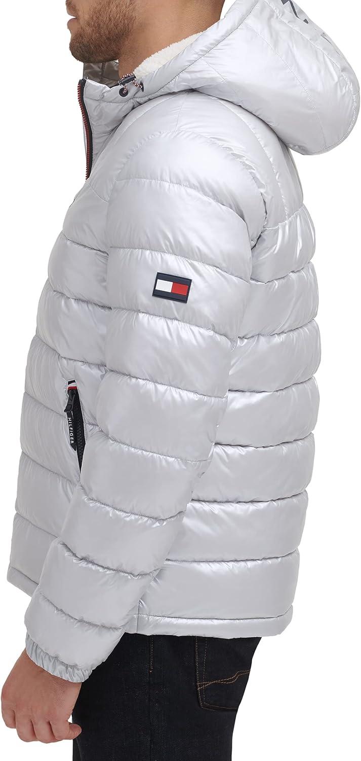 imageTommy Hilfiger Mens Midweight Sherpa Lined Hooded Water Resistant Puffer JacketPearlized Grey