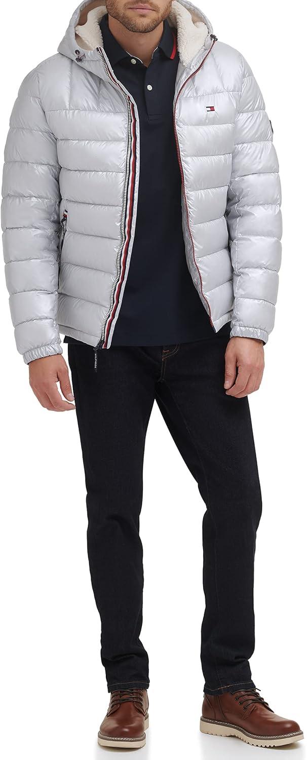 imageTommy Hilfiger Mens Midweight Sherpa Lined Hooded Water Resistant Puffer JacketPearlized Grey