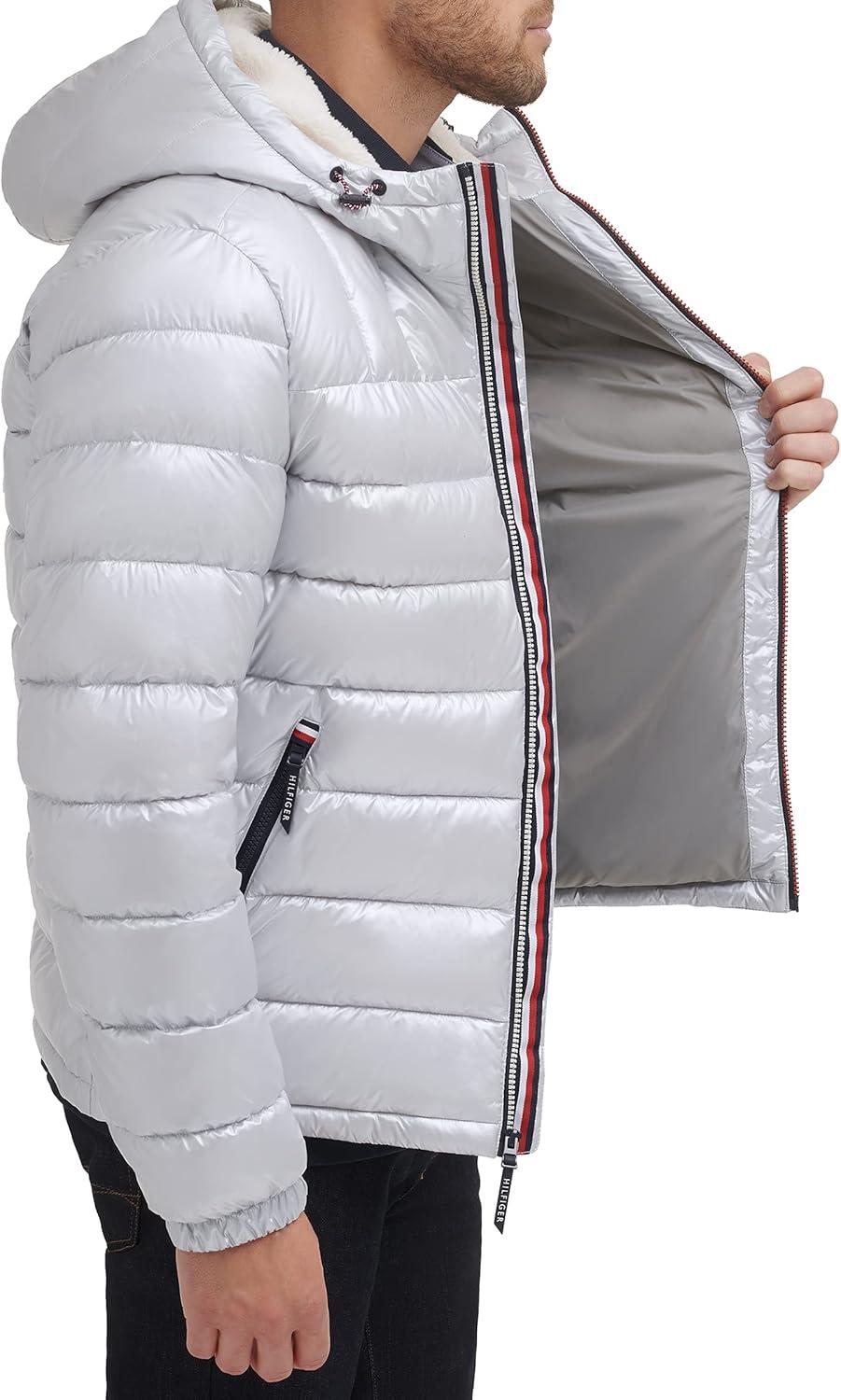 imageTommy Hilfiger Mens Midweight Sherpa Lined Hooded Water Resistant Puffer JacketPearlized Grey
