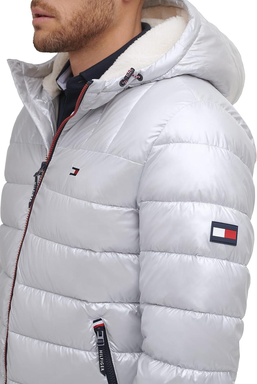 imageTommy Hilfiger Mens Midweight Sherpa Lined Hooded Water Resistant Puffer JacketPearlized Grey