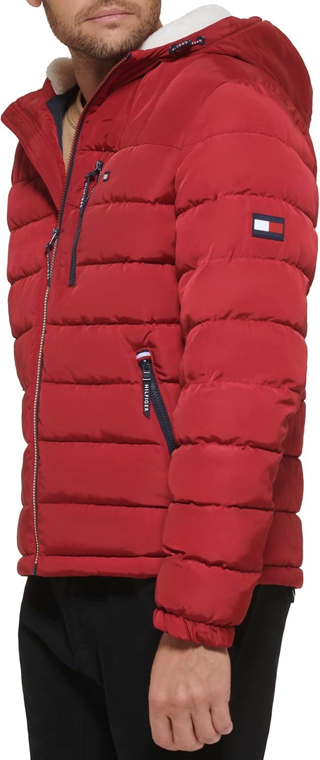 imageTommy Hilfiger Mens Midweight Sherpa Lined Hooded Water Resistant Puffer JacketRed Tech