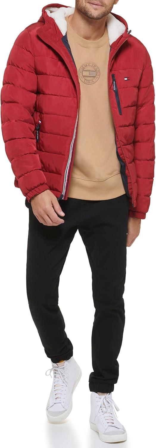 imageTommy Hilfiger Mens Midweight Sherpa Lined Hooded Water Resistant Puffer JacketRed Tech
