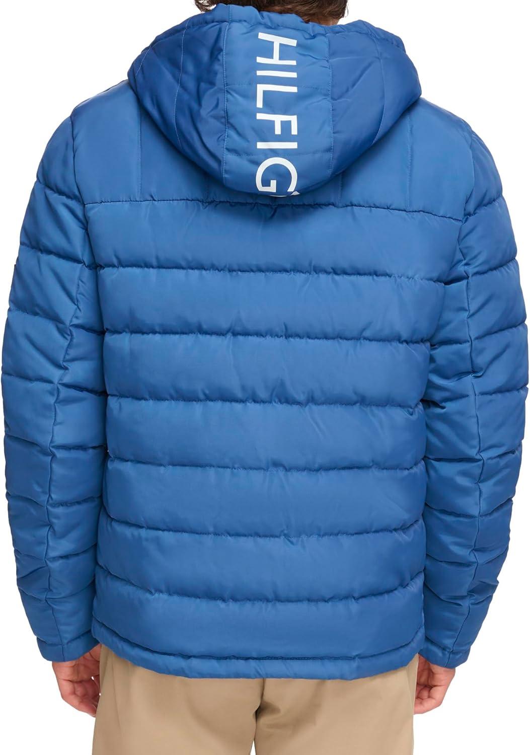 imageTommy Hilfiger Mens Midweight Sherpa Lined Hooded Water Resistant Puffer JacketRoyal Blue Flag Print
