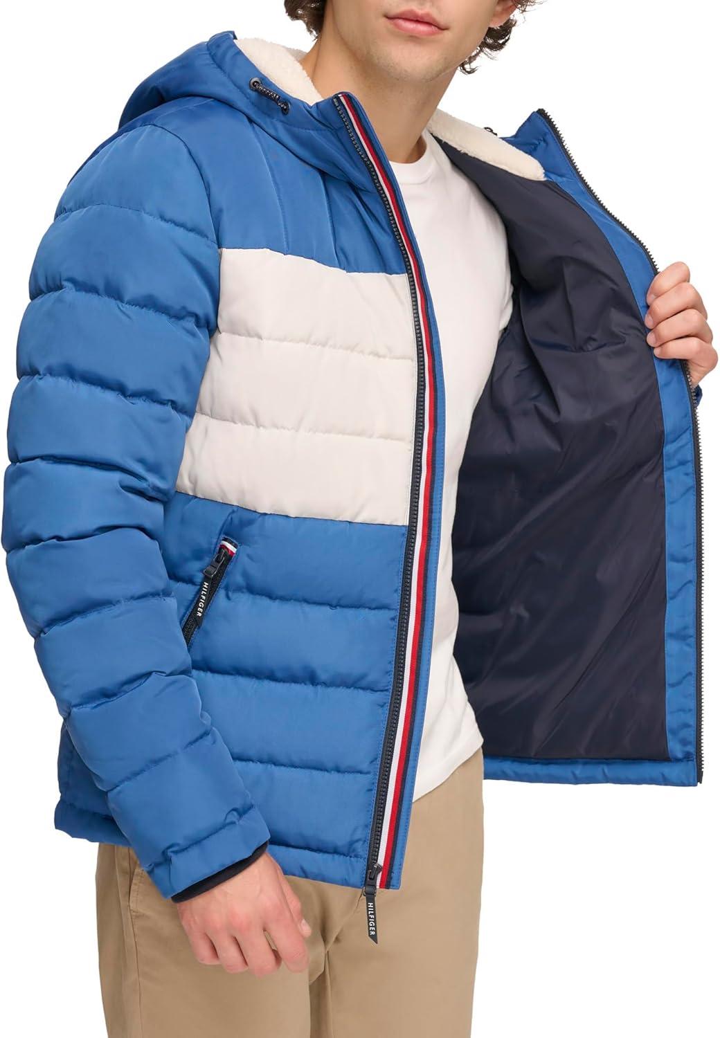 imageTommy Hilfiger Mens Midweight Sherpa Lined Hooded Water Resistant Puffer JacketRoyal Blue Flag Print