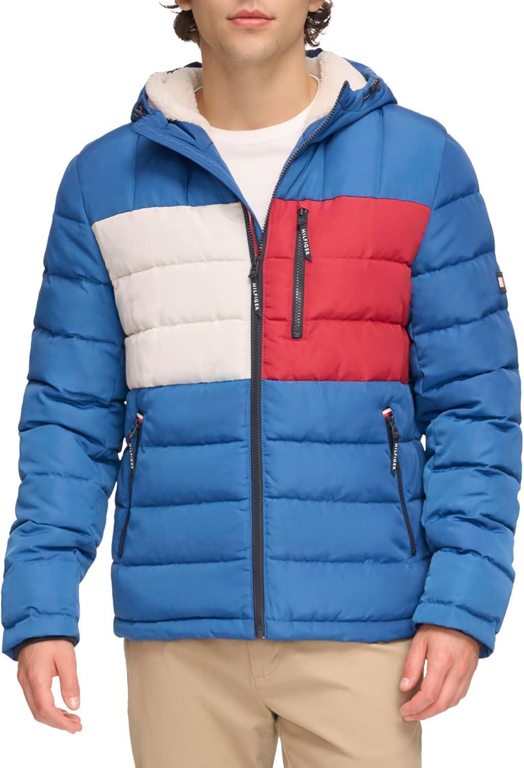 imageTommy Hilfiger Mens Midweight Sherpa Lined Hooded Water Resistant Puffer JacketRoyal Blue Flag Print