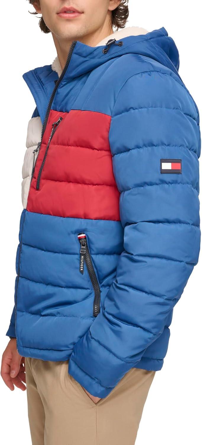 imageTommy Hilfiger Mens Midweight Sherpa Lined Hooded Water Resistant Puffer JacketRoyal Blue Flag Print