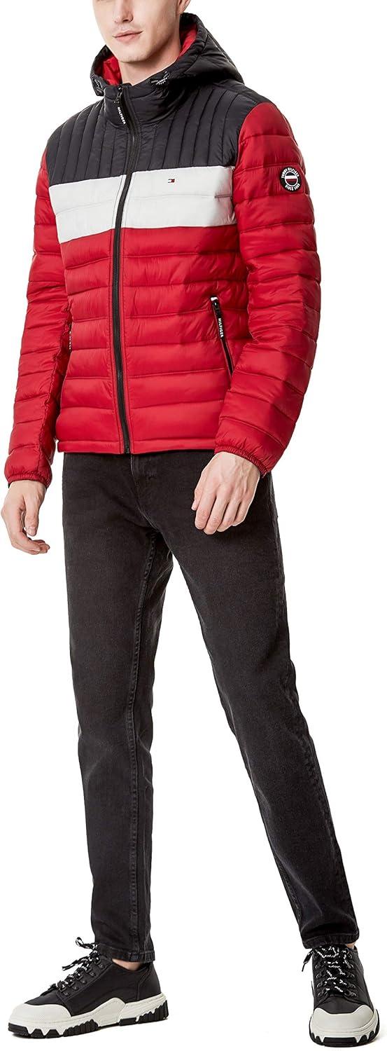 imageTommy Hilfiger Mens Water Resistant Ultra Loft Filled Hooded Puffer JacketBlackIceRed Colorblock