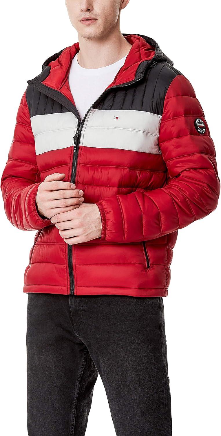 imageTommy Hilfiger Mens Water Resistant Ultra Loft Filled Hooded Puffer JacketBlackIceRed Colorblock